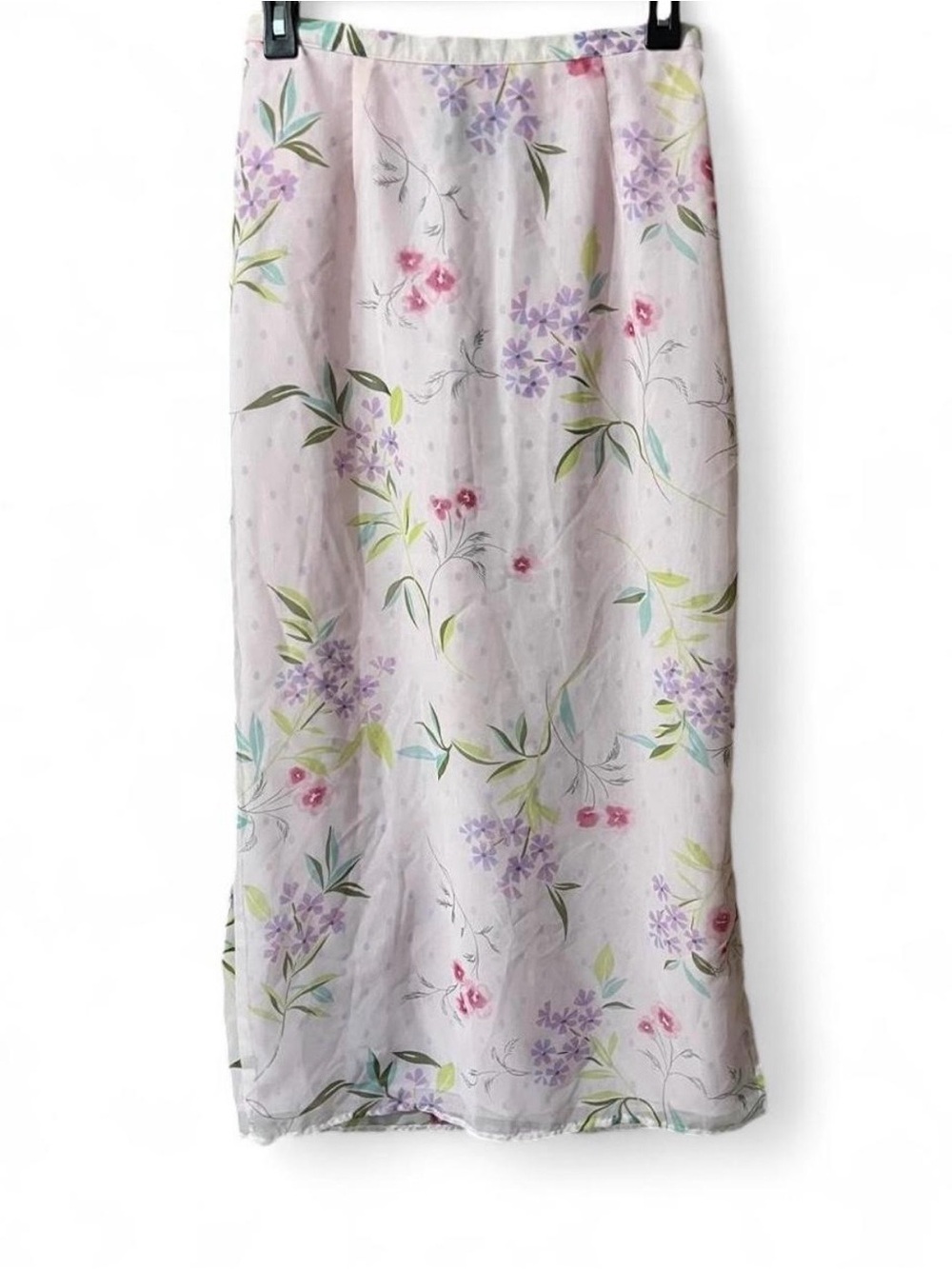 Vintage 90’s Laura Scott Floral Midi Skirt in Light Pink w/ Lavender Polka Dots